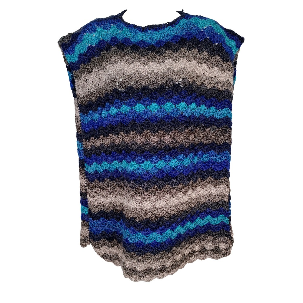 Handmade Crochet Shell Stitch Sweater Vest Blue Grey Wave Pattern Sleeveless Top